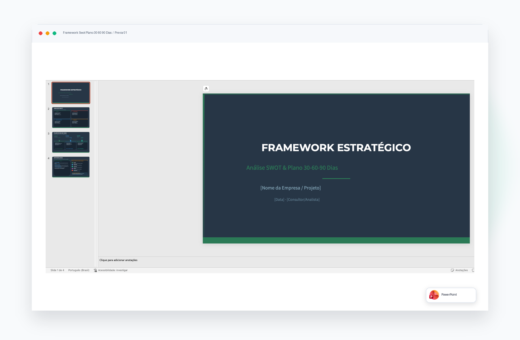 Prévia de Framework SWOT e Plano 30-60-90 Dias
