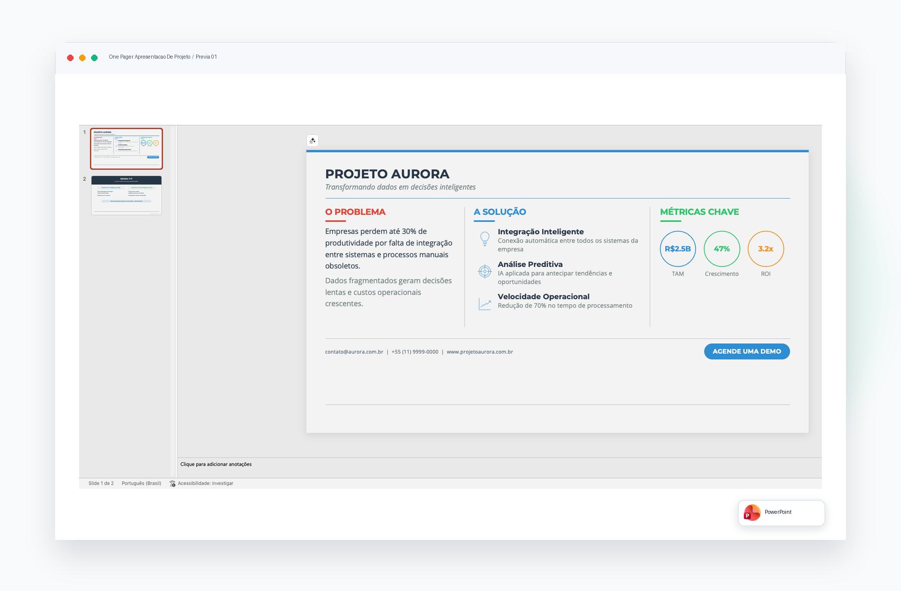 Prévia de One-Pager de Apresentação de Projeto